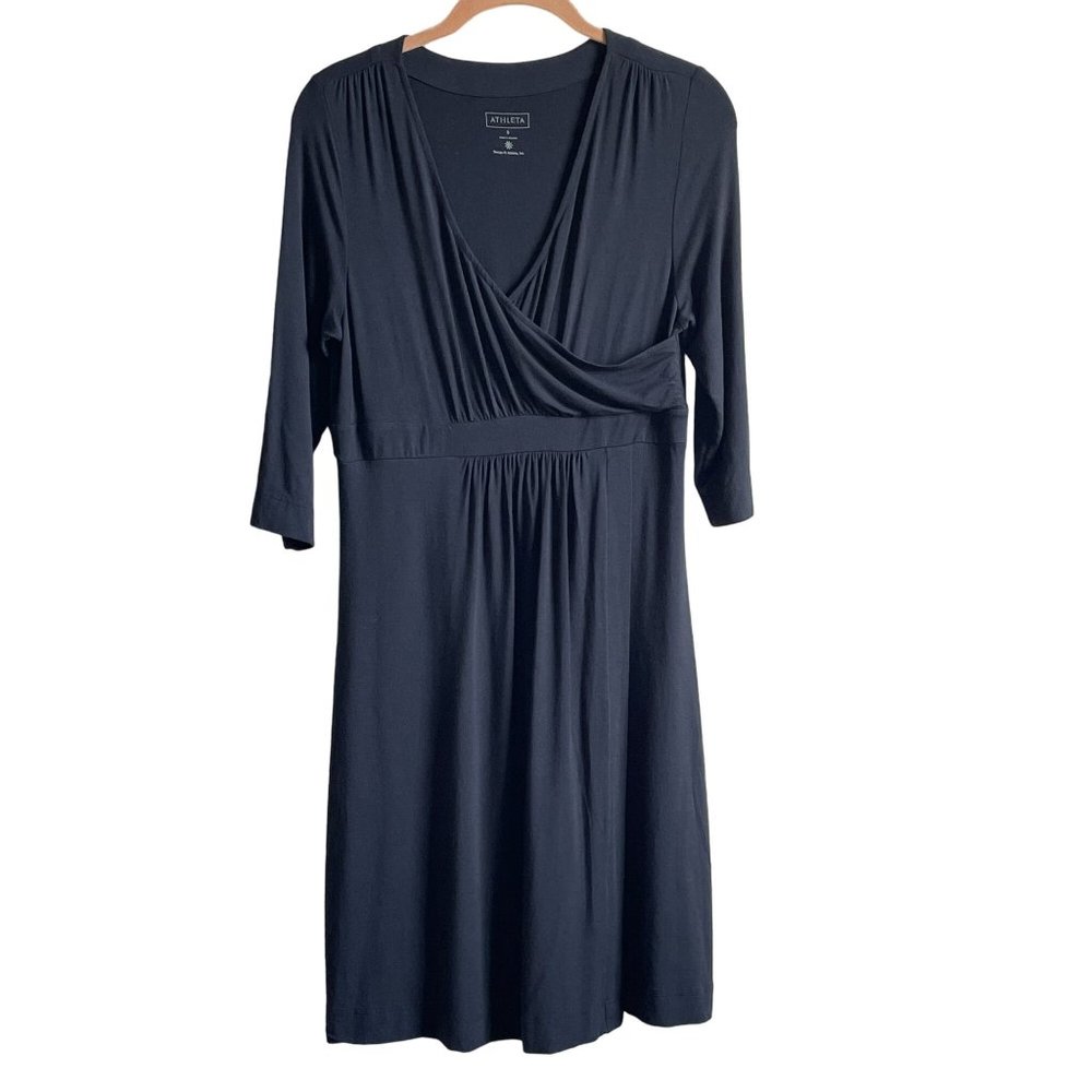 Athleta Dress Faux Wrap Stretch Black 1/2 Sleeve V Neck‎ Athleisure Womens Sz S